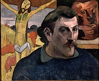 Autorretrato de Paul Gauguin ante uno de sus cuadros (el Cristo amarillo).