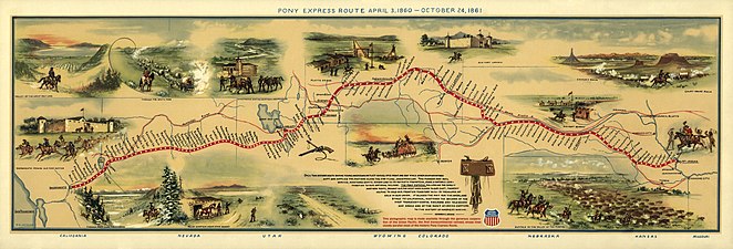 03/04: Mapa de la ruta del Pony Express, servei de correu en cavall entre St. Joseph (Missouri) i Sacramento (Califòrnia) el 1860-61.