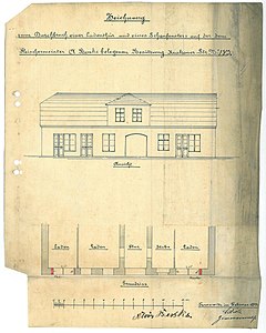 Budynek w miejscu obecnej kamienicy. Rysunek D. Scholza z 1892 roku