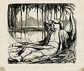 Block cut by Thomas Williams after William Holman Hunt: Man lying in a low boat on water with palm trees and mosque in the background; proof of the block to illustrate Tennyson, Poems (Edward Moxon, 1857)
