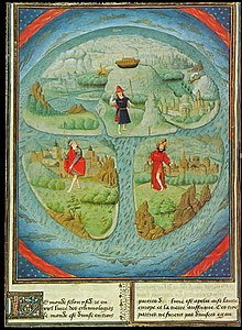 Een aan Simom Marmion toegeschreven mappa mundi in een manuscript van La Fleur des Histoires van Jean Mansel (1459-1463) (Koninklijke Bibliotheek van België, MS. 9231, fol. 281v).