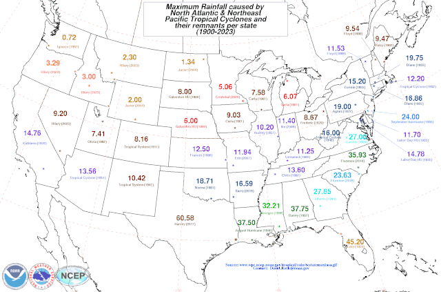 Map showing the highest rainfall totals measured in certain regions of the contiguous United States as of 2020.