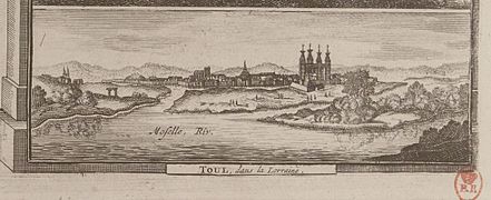 Vue d'artiste extraite d'une carte de la BNF - Toul vue du Sud - En haut à gauche l'abbaye de Saint-Èvre.(vers 1700)