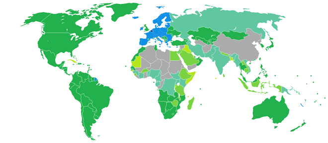 Carte des pays requérant (ou non) un visa