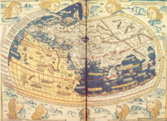 Aunque no queda ninguna carta sobre la obra de Ptolomeo, en el Renacimiento se copiaron de la Mapa Mundi como lo vea Ptolomeo en c.150. Esta carta fue copiada por Johannes de Armsshein, Ulm, en 1482.