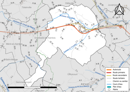 Carte en couleur présentant le réseau hydrographique de la commune