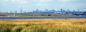 Marshlands are often noted within wetlands, as seen here at the Jamaica Bay Wildlife Refuge in New York City. A somewhat smoggy Midtown Manhattan skyline as seen from Jamaica Bay - panoramio (cropped).jpg