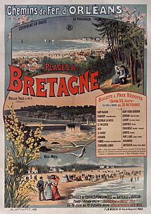 affiche en couleur de la compagnie PO, de 1896, intitulée Plages de Bretagne avec trois dessins de plages : La Baule, Sauzon à Belle-Isle en Mer et Beg-Meil.