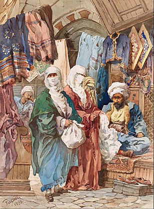 Negustor de mătase - o cromolithografie a acestei acuarele a apărut în capitolul „The Silk Bazaar” din albumul „Stamboul Souvenir d'Orient”[77]