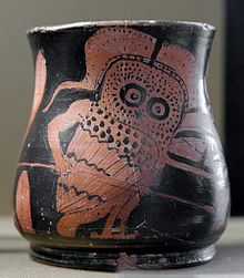 Oinochoe depicting the parade of an armed owl during the celebration of the Anthesteria (Greece, 410-390 BC) Armed owl Louvre CA2192.jpg