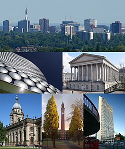Frå øvst til venstre: Birmingham City Centre frå vest; Selfridges i Bull Ring; Birmingham Town Hall; St Philip's Cathedral; University of Birmingham; Alpha Tower.