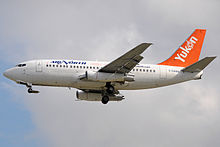 Several Canadian airlines still use the Boeing 737-200 due to its gravel runway capabilities. The Boeing "Unpaved Strip Kit" (gravel kit) included a gravel deflector on the nose gear and a vortex dissipator extending from the front of the engine. This -200 belongs to Air North and is landing at Vancouver. C-GANV landing in Vancouver.jpg