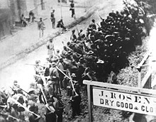 Confederate troops marching south on North Market Street in Frederick during the American Civil War Confederates marching through Frederick, MD in 1862.jpg