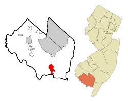 Map of Port Norris, highlighted within Cumberland County. Right: Location of Cumberland County in New Jersey.