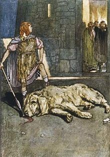 The legendary Irish figure Cuchulainn faced a trial similar to Gawain's (Cuchulain Slays the Hound of Culain by Stephen Reid, 1904). Cuslayshound.jpg