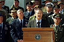 U.S. Secretary of Defense Donald Rumsfeld with Chairman of the Joint Chiefs of Staff General Richard B. Myers and joined by military representatives from 29 countries of the worldwide coalition on the war against terrorism, at The Pentagon, 11 March 2002 Defense.gov News Photo 020311-D-2987S-018.jpg