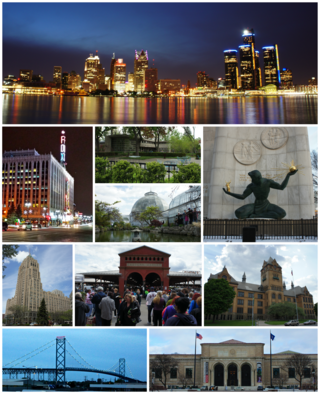 From top to bottom, left to right: Downtown Detroit skyline and the Detroit River, Fox Theatre, Dorothy H. Turkel House in Palmer Woods, Belle Isle Conservatory, The Spirit of Detroit, Fisher Building, Eastern Market, Old Main at وین اسٹیٹ یونیورسٹی, Ambassador Bridge, and the Detroit Institute of Arts