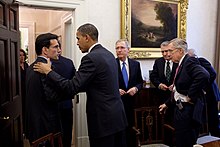 Cantor and other House and Senate leaders meeting with President Barack Obama in November 2010. Eric Cantor and Barack Obama shake hands.jpg