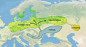 According to Allentoft (2015), the Sintashta culture probably derived from the Corded Ware culture. From Corded Ware to Sintashta.jpg