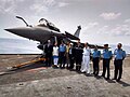 Goa Chief Minister Laxmikant Parsekar, Vice Admiral SPS Cheema, and Indian and French naval personnel onboard aircraft carrier Charles de Gaulle