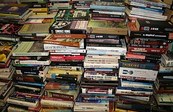 English: Stack of books in Gould's Book Arcade...