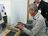 Hermann Hauser uses Atom BASIC at the BBC Micro 30th anniversary.