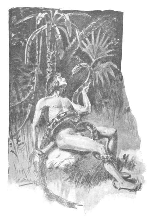 Ilustracja — człowiek, siedzący na skale, wokół niego owinięty duży wąż. Patrzą na siebie.