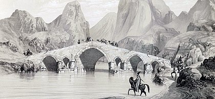 Ponte Pol-e Dokhtar, Meyaneh, Irão, por Eugène Flandin, 1840. (definição 2 700 × 1 250)