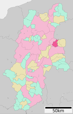 Komoros läge i Nagano prefektur Städer:      Signifikanta städer      Övriga städer Landskommuner:      Köpingar      Byar