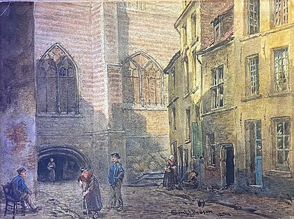 La Boucherie, Old Antwerp signed and dated 1884 and exhibited at the RWS in 1885