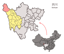 Location of Sêrxü County (red) within Garzê Prefecture (yellow) and Sichuan