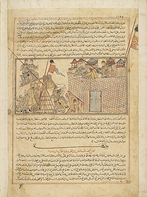 A illustrated manuscript depicting Mongol besiegers attacking the defenders of a fortress.