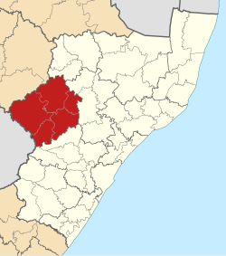 Kaart van Suid-Afrika wat uThukela in KwaZulu-Natal aandui