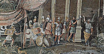 Macedo-Ptolemaic soldiers of the Ptolemaic kingdom, 100 BC, detail of the Nile mosaic of Palestrina. NileMosaicOfPalestrinaSoldiers.jpg