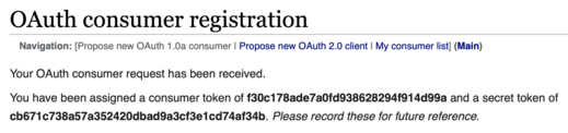 Response from the OAuth extension when registering an OAuth 1.0a application.