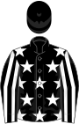 Black, white stars, striped sleeves, black cap