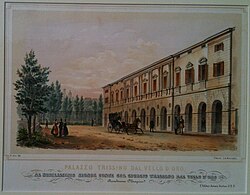 Palazzo Trissino dal Vello d'Oro (già Civena), litografia di Marco Moro dedicata a Giangiorgio Trissino dal Vello d'Oro, 1847.