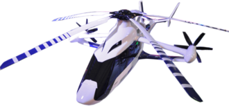 Ein Hubschrauber der zur Geschwindigkeitssteigerung mit zwei Druckpropellern ausgestattet ist