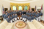 President Trump with members of the Army Black Knights football team President Trump Presents the Commander-in-Chief's Trophy (47001986594).jpg