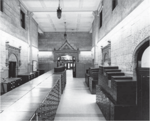 Punch-card storage in US National Weather Records Center in Asheville (early 1960s). Data holding have expanded so much that the entrance hall has to be used as a storage facility. Punch-card storage in US National Weather Records Center in Asheville.png