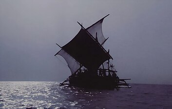 Javanese Borobudur ship with tanja sails running before the wind (receiving wind from aft)