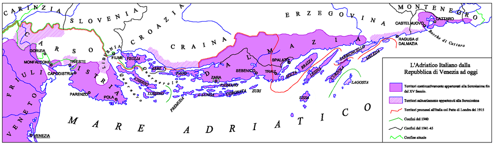 Map of Dalmatia and Istria with the boundaries set by the Treaty of London (1915) (red line) and those actually obtained from Italy (green line). The black line marks the border of the Governorate of Dalmatia (1941-1943). The ancient domains of the Republic of Venice are indicated in pink (dashed diagonally, the territories that belonged occasionally). Serenissima.png