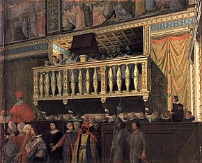 The choirloft of the Sistine Chapel in the early 17th century, depicted by Agostino Tassi (here in a 1848 copy by Ingres). Sistine Chapel Choir depicted by Ingres, 1848.jpg