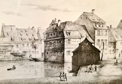 Vue du quartier des Suabes (1840). Le Renard-Prêchant se trouve au bord du Rheingiessen.