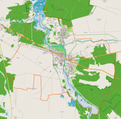 Mapa konturowa Sulejowa, blisko centrum u góry znajduje się punkt z opisem „Opactwo Cystersów”