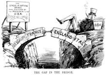 The Gap in the Bridge. Cartoon about the absence of the U.S. from the League of Nations, depicted as the missing keystone of the arch. The Gap in the Bridge.png