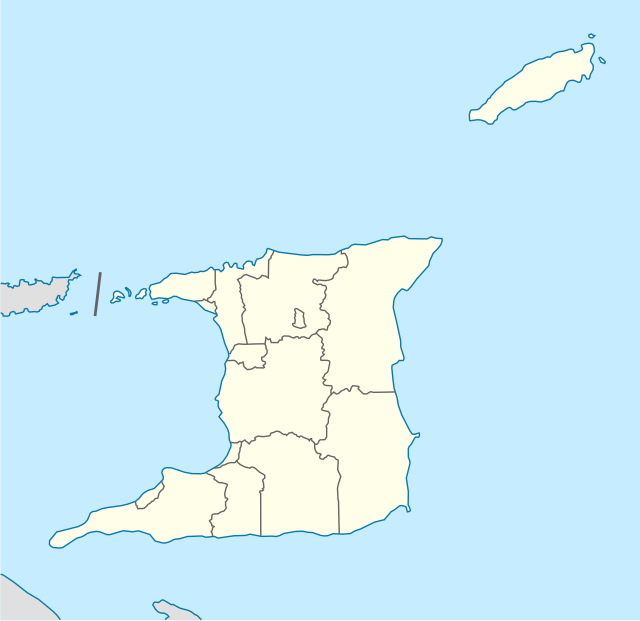 Mapa konturowa Trynidadu i Tobago, w centrum znajduje się punkt z opisem „Arima”