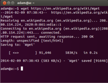 Screenshot ukazující Wget běžící na Ubuntu a stahující svoji wikipedickou stránku Wget