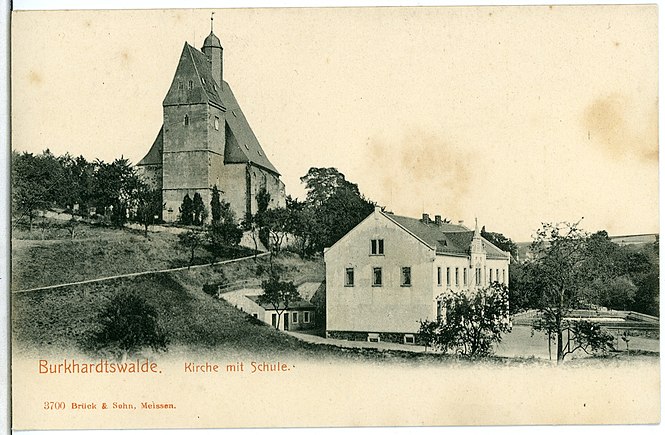 Burkhardswalde; Kirche und Schule 1903, Kunstverlag Brück & Sohn, Nummer 03700.