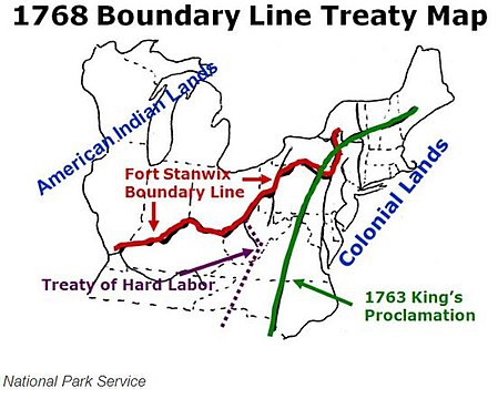 "1768 Boundary Line Treaty Map" for Iroquois Six Nations and tributary tribes north of Fort Stanwix and the Ohio River; and for Cherokee and Creeks south of the Ohio River and west of modern Roanoke, Virginia, the purple line 1768 "Treaty of Hard Labor", is west of the Eastern Continental Divide, the green line for the previous 1763 "King's Proclamation".
